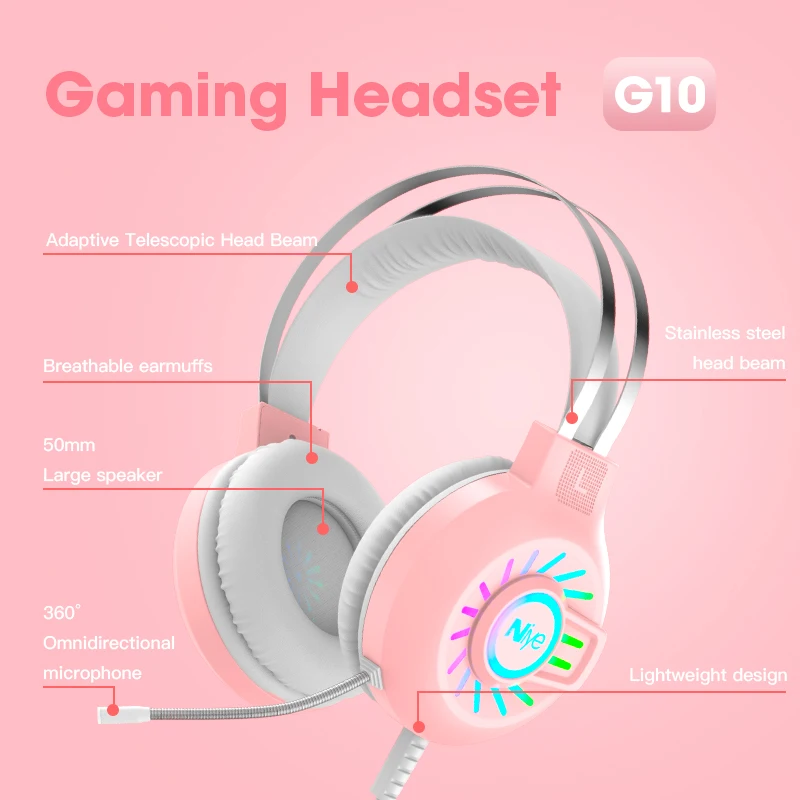 Розовый гарнитуры геймера Игровые наушники Проводная USB ПК компьютер для 7 1 Surround