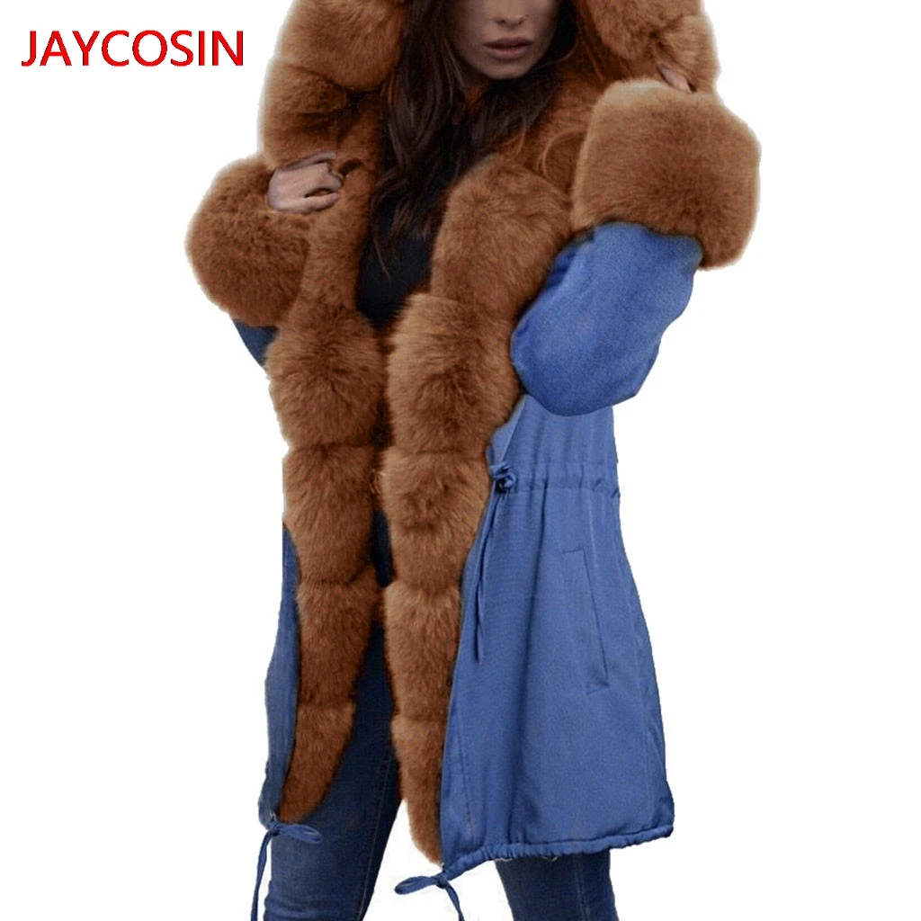 JAYCOSIN женские парки Женская флисовая зимняя джинсовая куртка с капюшоном пальто рыбий хвост длинный рукав пальто новое поступление L4008029
