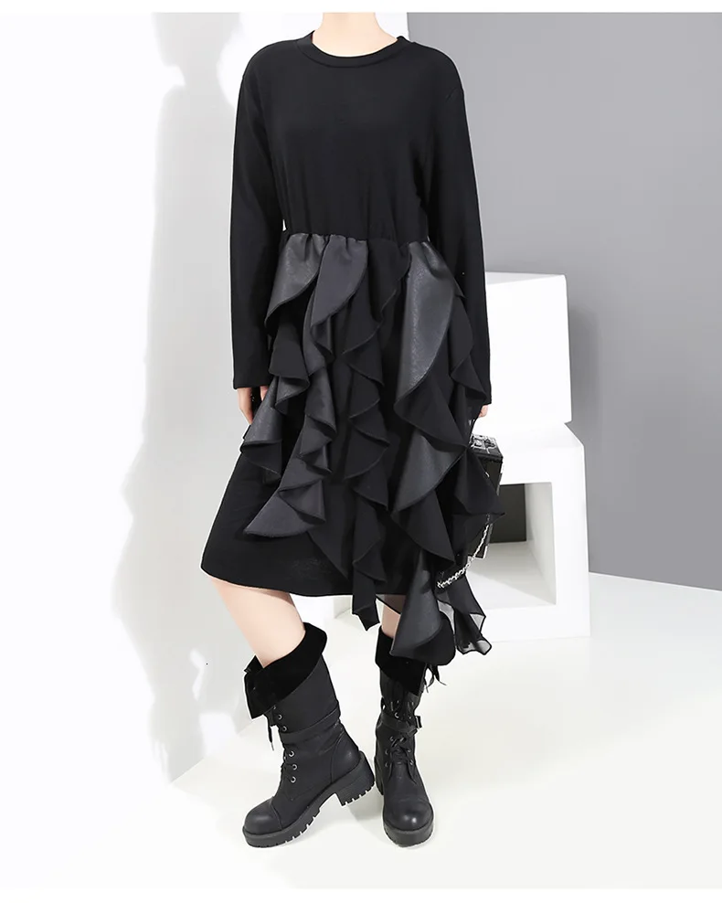 [EAM] женское черное асимметричное платье из искусственной кожи с оборками, новинка, круглый вырез, длинный рукав, свободный крой, Мода весна-осень 19A-a149