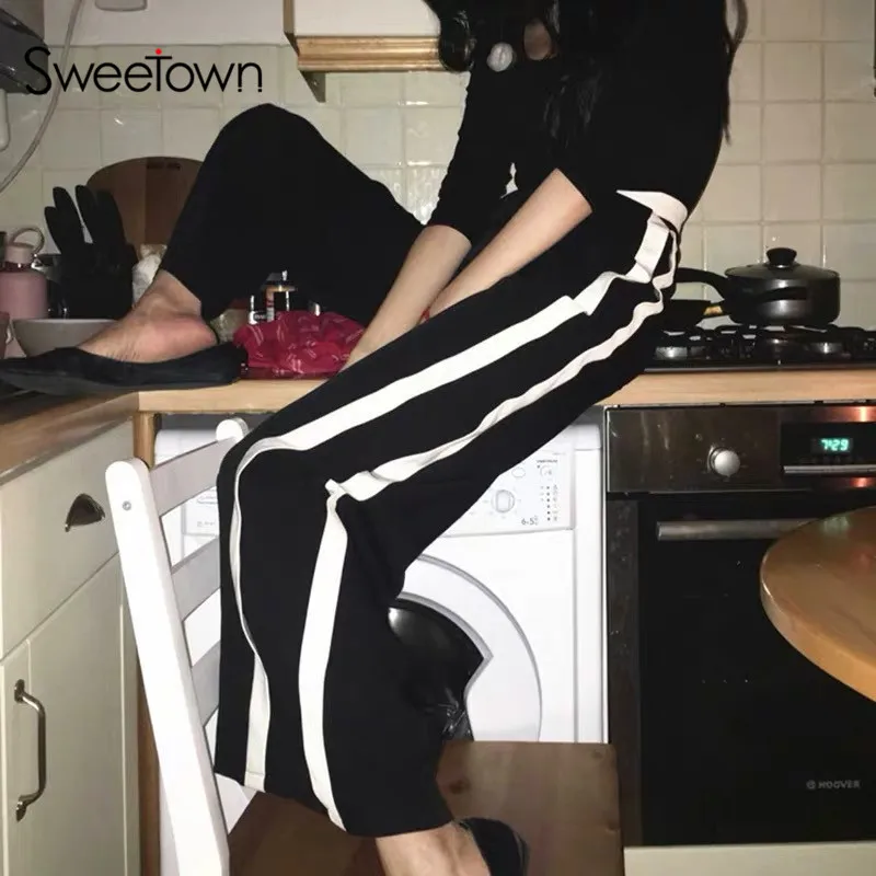 Sweetown повседневные свободные полосатые Лоскутные широкие брюки уличная одежда большого размера брюки женские корейские модные мешковатые брюки с высокой талией