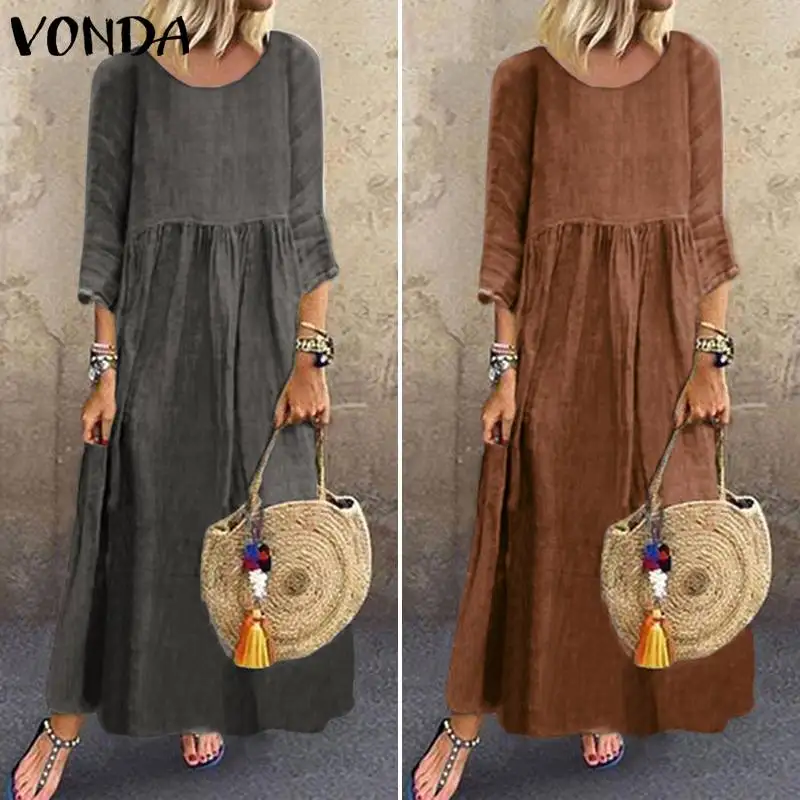 Винтажное длинное платье VONDA, женские сексуальные платья, Повседневные Вечерние платья с круглым вырезом, осеннее платье для женщин размера плюс, богемный Сарафан