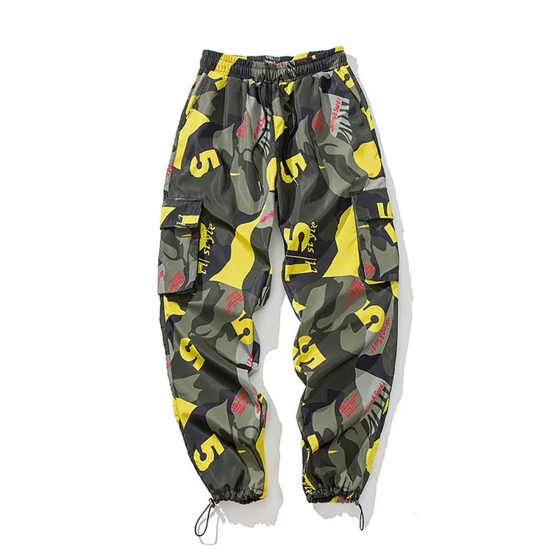 Цвет: желтый Camouflage Men Streetwear Pants Harajuku Casual Cargo Pants Man Printed Multi-Pockets Hip Hop Elastic Trousers Pantalon Homme - Цвет: Цвет: желтый