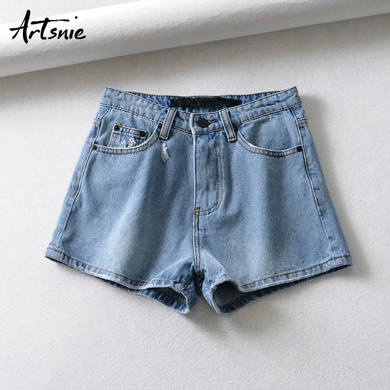 

Artsnie streetwear hole denim shorts women high waist autumn 2019 blue casual jeans pockets boyfriend ripped shorts mujer
