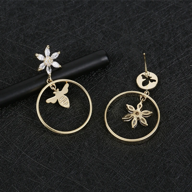 MIGGA AB Стиль кубический циркон цветок пчела Висячие серьги золотой цвет большие круглые серьги с подвесками женские вечерние ювелирные изделия