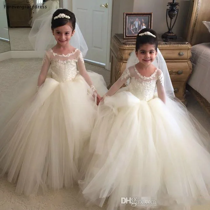 2019 Cheap Lovely Cute Sheer Jewel Neck Long Sleeves Lace Flower Girl Dresses Daughter Toddler Pretty Kids Pageant Gowns | Свадьбы и