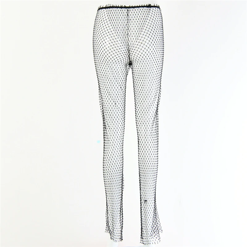 Черные, белые длинные штаны в сеточку с блестящими бриллиантами, прозрачные, с разрезом, высокая талия, сексуальные женские клубные, вечерние, обтягивающие брюки