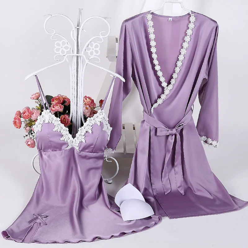 PURPLE Perfering 2/шт, сексуальное женское белье, женская ночная рубашка, атласная ночная рубашка с рукавом, халат с поясом на талии, банный Халат - Цвет: PURPLE