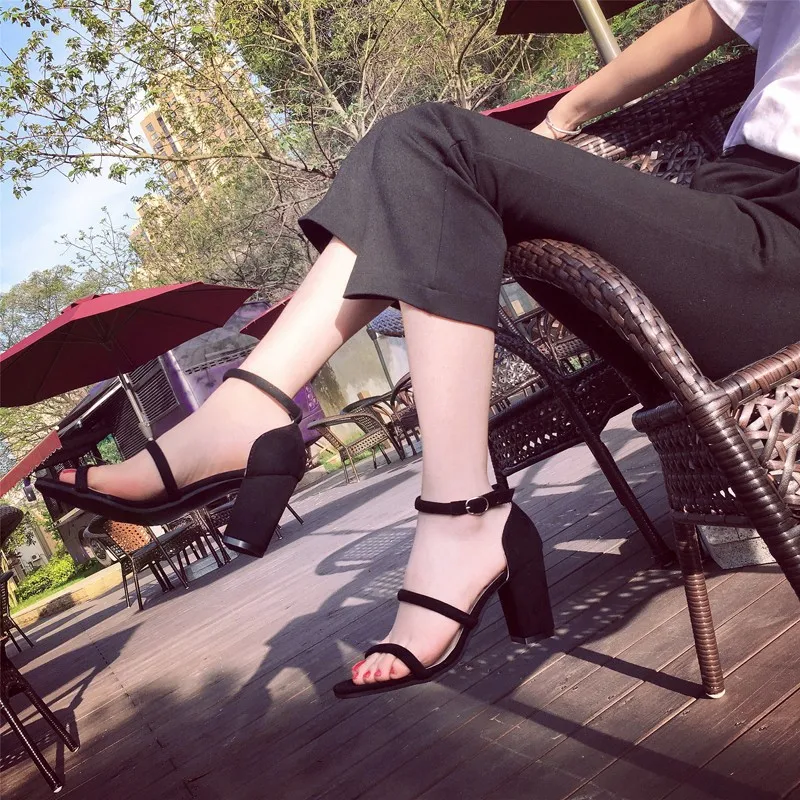 

Korean-style Summer New Style High-Heel Low Top WOMEN'S Sandals Versatile Open Toe Sandals Women's A- line with Chunky-Heel Sand