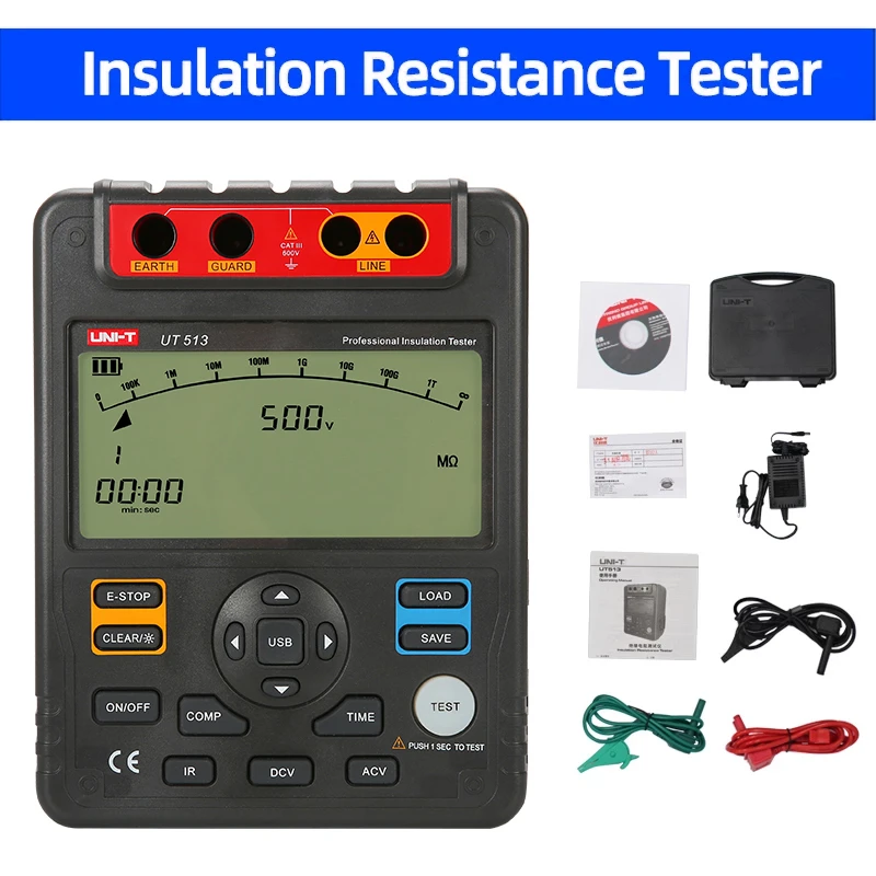 UNI-T UT513 Digital Insulation Resistance Tester 500V/1000V/2500V/5000V Auto Range Display Count: 9999 UNI-T UT513 Digital Insulation Resistance Tester 500V/1000V/2500V/5000V Auto Range Display Count: 9999