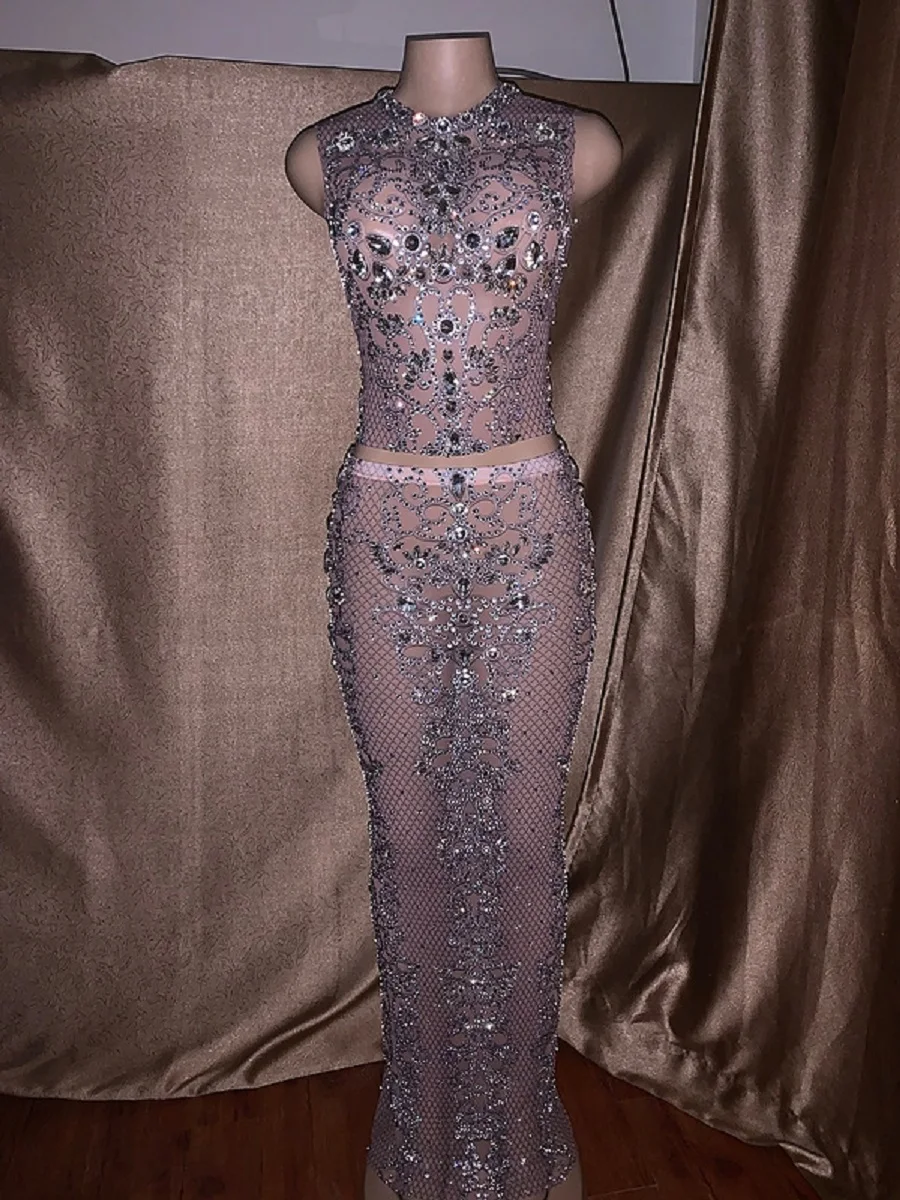 Beige Women Sexy Rhinestones Boycon Strech Dance Show Dress Birthday Party Celebrate See Through Perspective Evening Dresses Costumes - Color: Beige