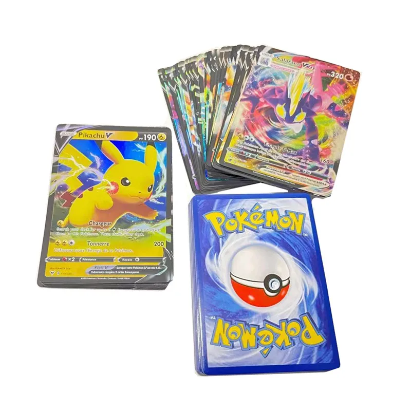 Juego de cartas coleccionables Pokemon, 50 Uds., versión francesa, con 30V, 20VMAX, sin repetir la batalla, regalo para chico brillante