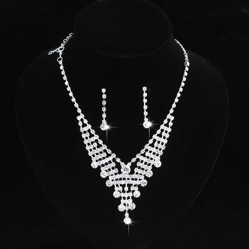 

Europe And America Diamond Set Ball Bead Chain Bride Wedding Necklace Ear Stud Set Simple Tassels Long Necklace