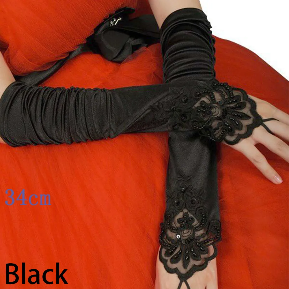 34cm black 1 пара Новые перчатки без пальцев для невесты кружевные атласные женские свадебные аксессуары для выпускного вечера свадебные перчатки - Цвет: 34cm black
