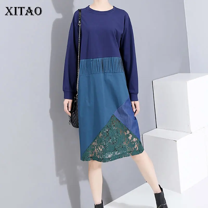 

XITAO Lace Perspective Pleated Dress Women Fashion New Pullover 2019 Autumn Patchwork Small Fresh Casual Loose Dress GCC2427