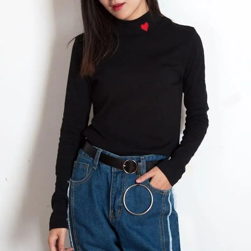 Корейский Ulzzang Полосатый Топы И Футболки маленький макет шеи Harajuku Kawaii женская футболка сердце вышивка карамельный цвет укороченный с длинным рукавом - Цвет: 2