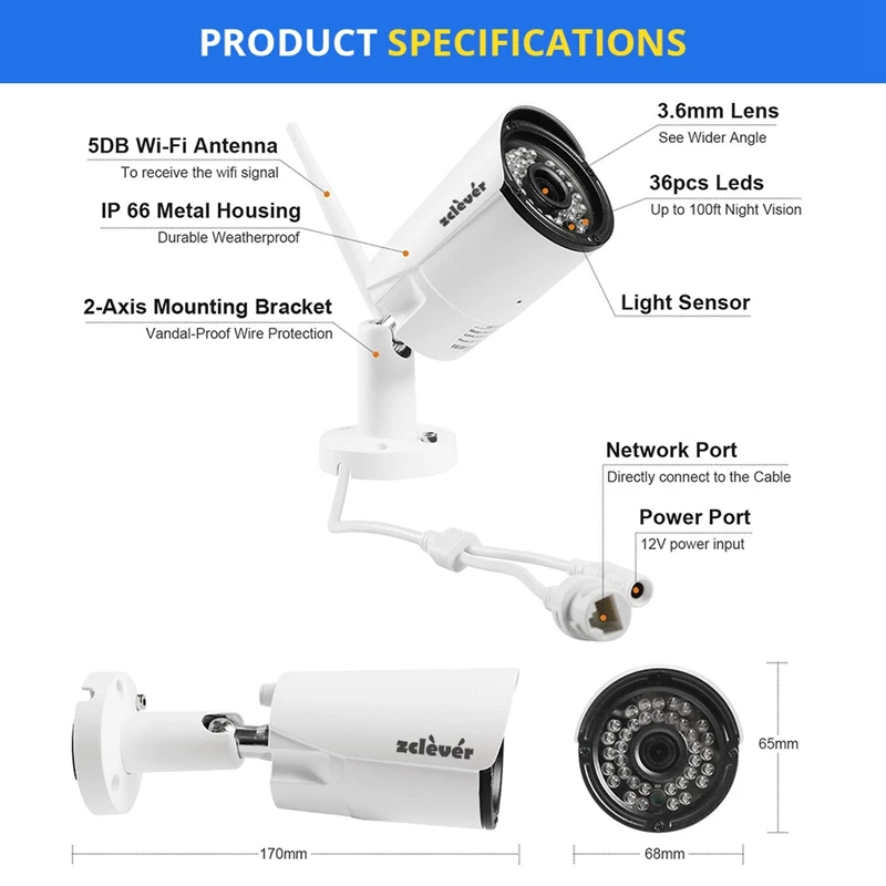 Zclever 1080P H.265+ беспроводной Wifi комплект видеонаблюдения 8CH NVR с 8 шт. 2.0MP HD, ip-камера обнаружения движения ночного видения