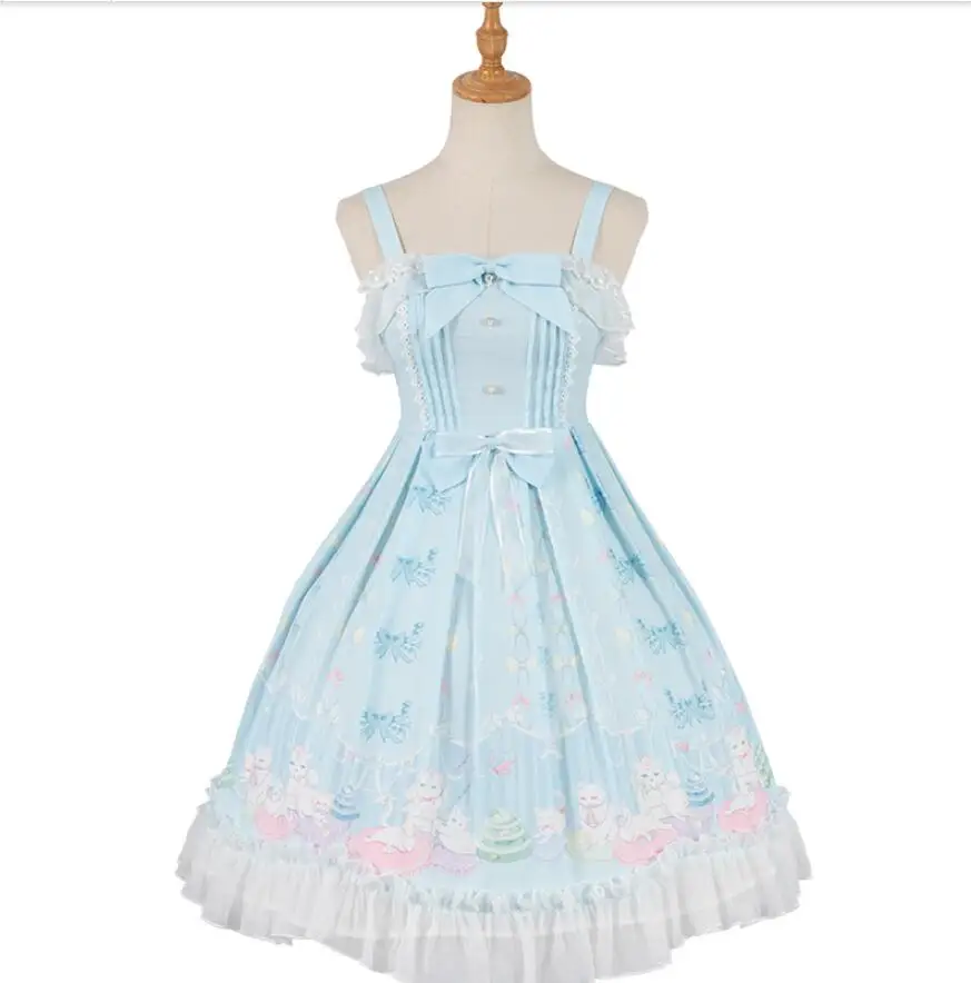 

Cute Kawaii Lolita Cat Print JSK Sleeveless Princess Dress Cos Sweet Lolita Loli Tea Party Dress Vintage Court Vestidos