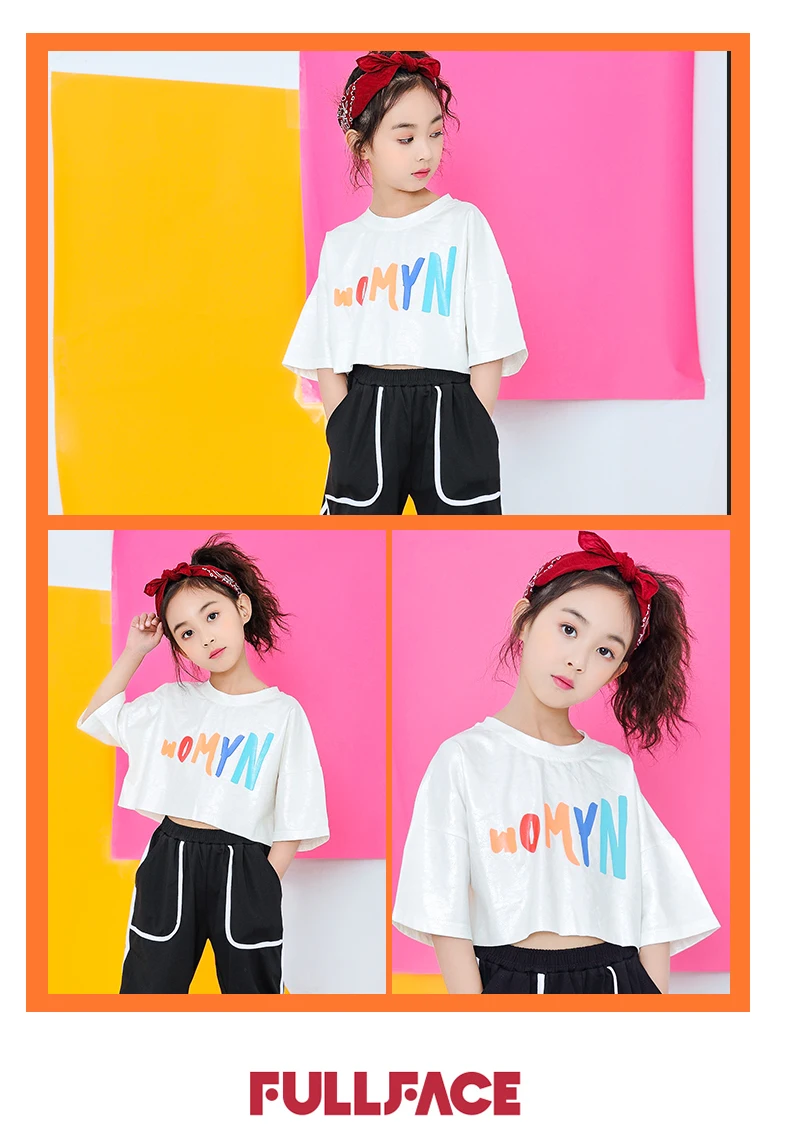 Kids Jazz Dance Costumes Girls Hip Hop Clothing Loose White T Shirt Jogger Black Pants Set Streetwear Stage Perform Clothes (12)