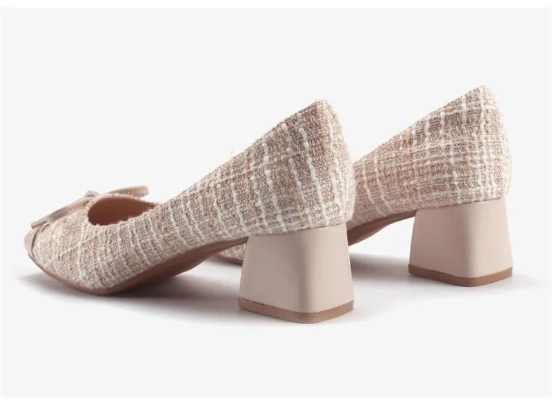 Korean Plaid Single High Heels Pumps Shoes Woman 2020 New Square Toe Thick Heels Women Pumps Fashion Bow High Heel Women's Shoes (11)