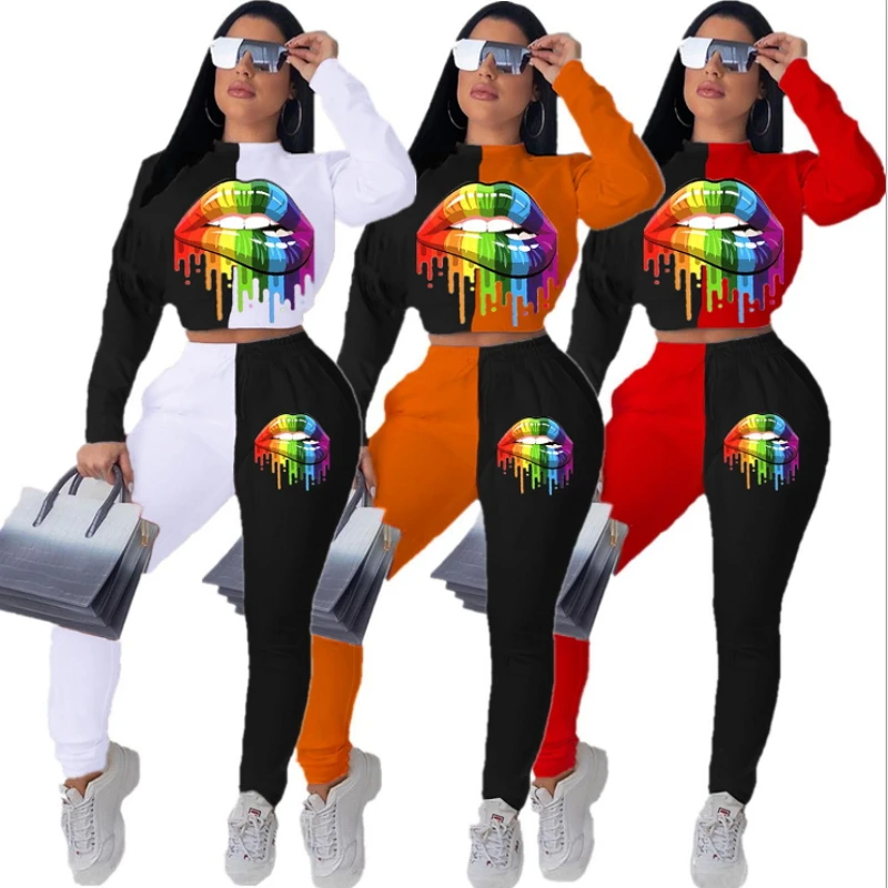 

Rainbow Colorful Lips Print Two Piece Set Patchwork Tracksuit For Women Crop Top And Pants Sweat Suit Sexy Casual Outfits Loose
