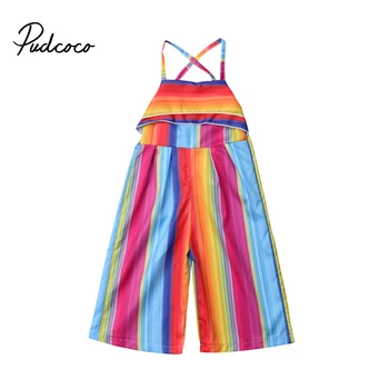 

Pudcoco 2020 Summer Toddler Baby Girl Clothes Kids Overalls Rainbow Striped Romper Harem Pants Jumpsuit Outfits Cotton Clothing