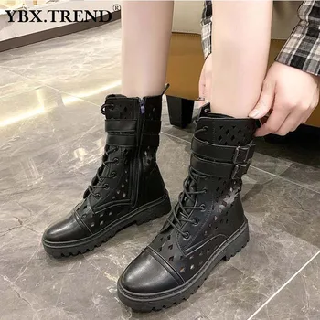 

Women Boots Ankle PU Leather Lace Up Buckle Strap Hollow Shoes Autumn Ladies Fashion Casual Shoe 2020 Female Platform