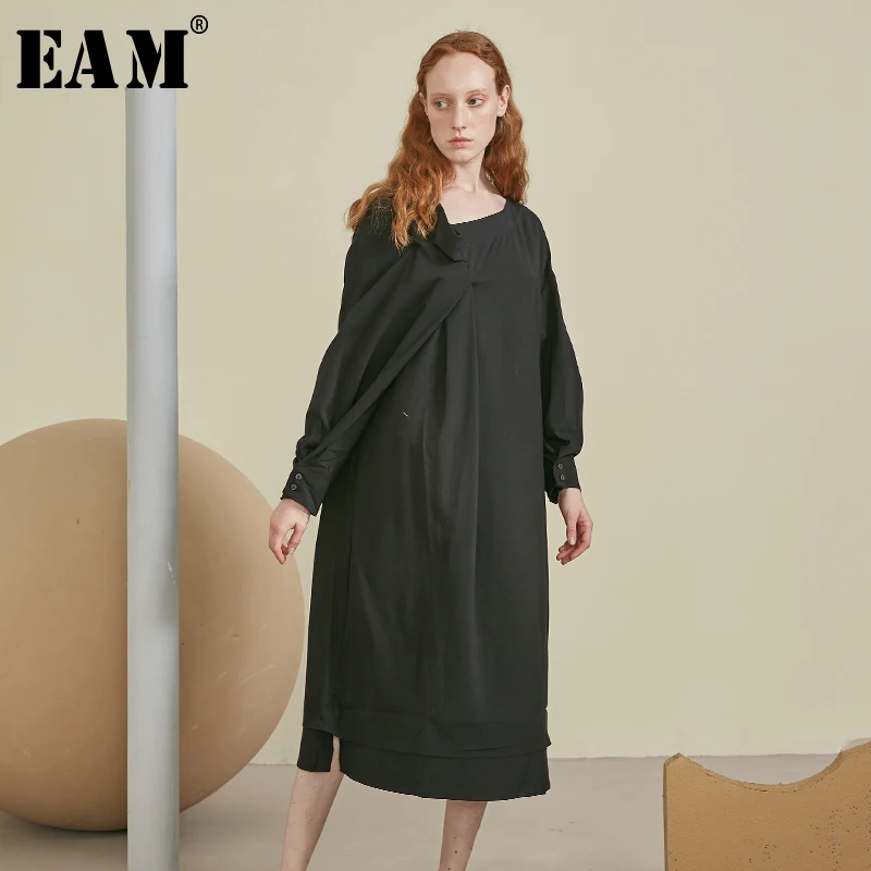 

[EAM] Women Dress New Square Neck Long Sleeve Loose Fit Stitch Pleated Split Button Fashion Tide Spring Autumn 2020 JZ322