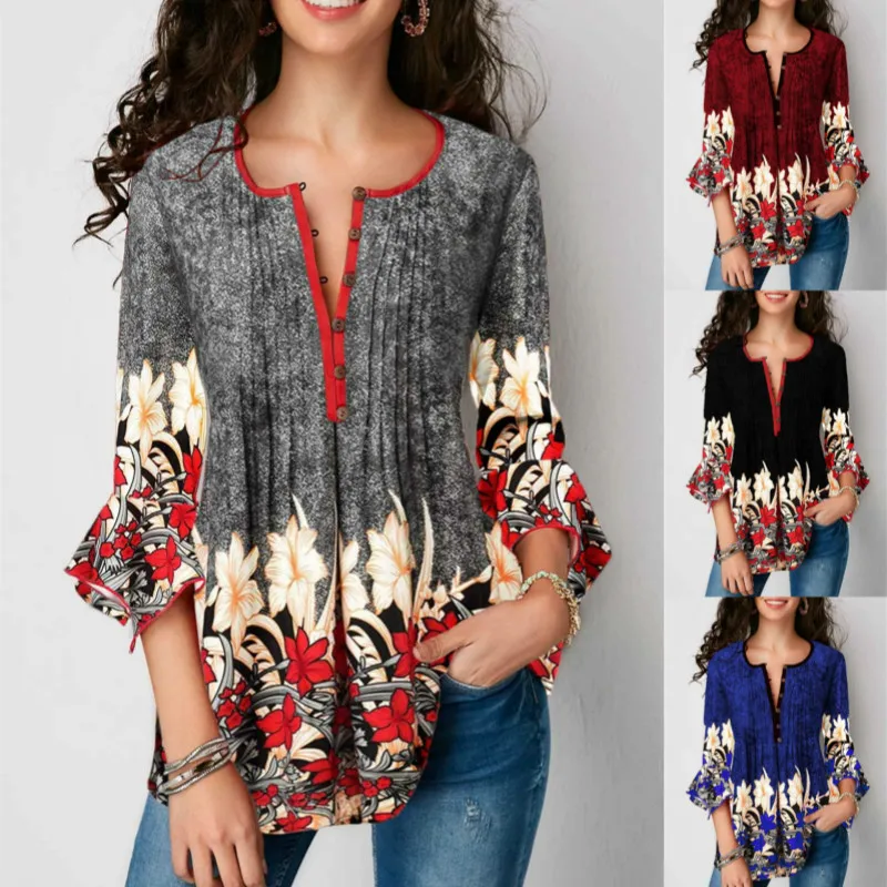  Plus Size Women Shirts Blouses 2019 Summer Fashion Women V Neck Three Quarter Sleeve Floral Print C