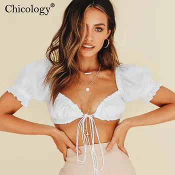 

Chicology white lace up puff short sleeve crop top women sexy T-shirt 2019 summer autumn winter female casual party clothes
