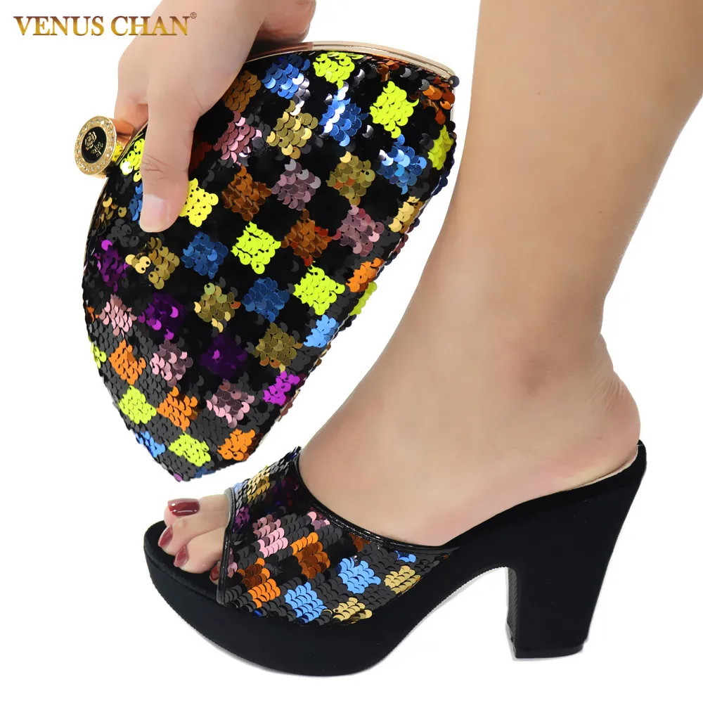 Bag Matching Shoes Shinning Italian Black-Color African High-Quality Latest And Crystal