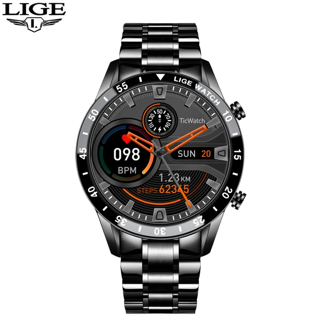 LIGE 2022 Full Circle Touch Screen Steel Band Luxury Bluetooth Call Men Smart Watch Waterproof Sport Activity Fitness Watch+Box Black S