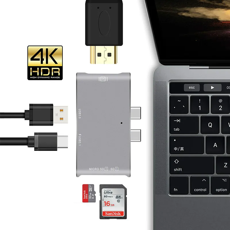 Basix USB Type C Hub Adapter Dual Type C Dock hub for MacBook Pro with 4K HDMI USB-C USB3.0 SD/TF Card Reader Type C Usb 3.0 Hub