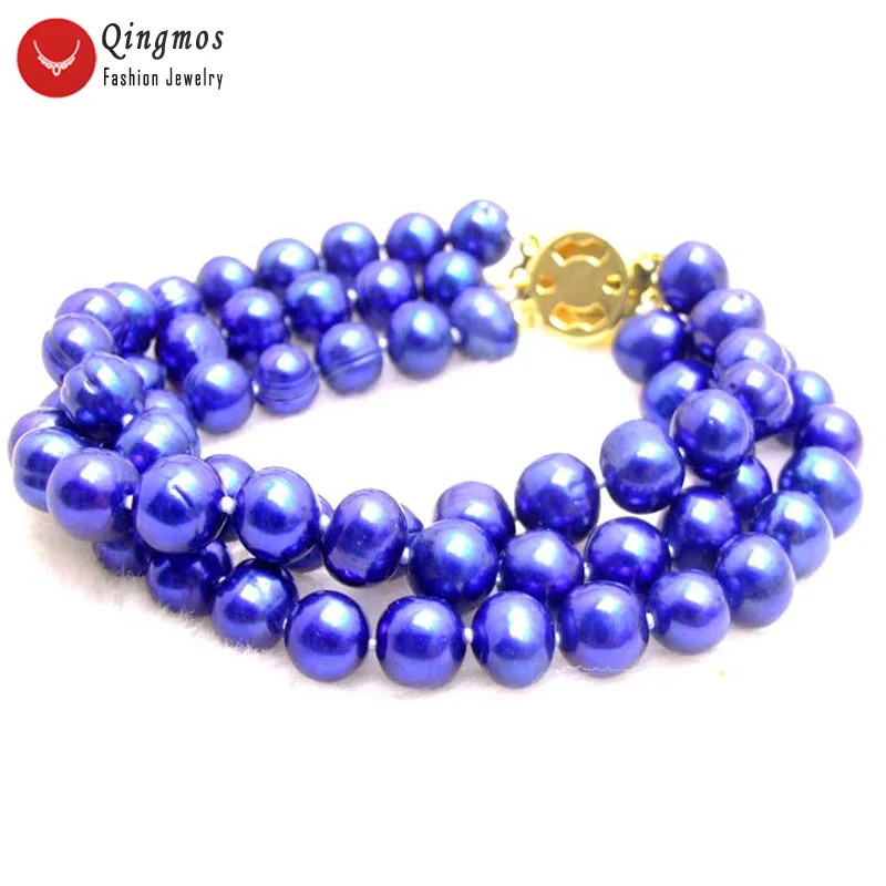 

Qingmos 6-7mm Round Natural freshwater Blue Pearl Bracelet for Women with High luster Blue Pearl 3 Strands Bracelet Jewelry b106