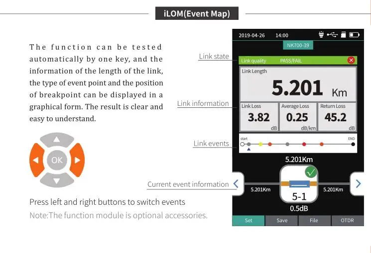 Funções de Fibra Otdr com 9 24db para 64km Óptica Reflectometervfl Evento Mapa Cabo Fibra Testador Otdr Ols Opm 14 reflectometervfl ols opm evento mapa 24db para