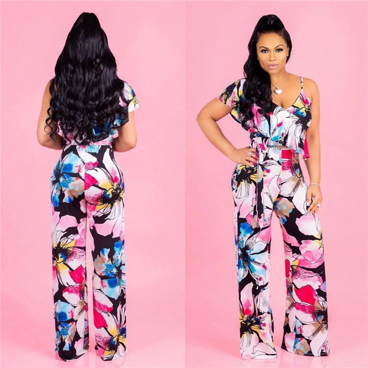 9040138 casual one shoulder floral flower printed wide leg jumpsuit women 2019