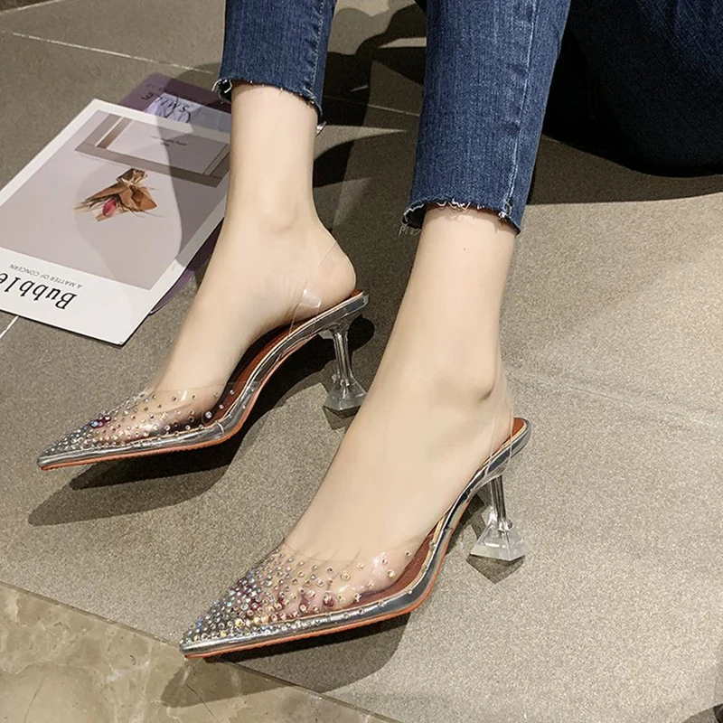 

Women Sexy High Heels Rhinestone Sandals Transparent Pointed Toe Fine Heel Breathable Wear-resistant Wedding Banquet Plus Size