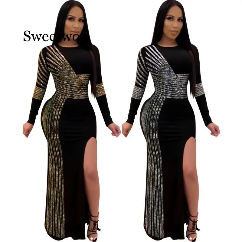 African Maxi Dresses For Women 2020 Black African Long Dress Sequins O-Neck Long Sleeves Daily Dress Evening Dress Party Dress