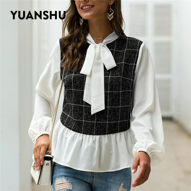 Elegant Patchwork Plaid Bowknot Women Shirts Female Chiffon Lantern Long Sleeve Blouse Spring Autumn Ruffles Ladies Top | Женская одежда