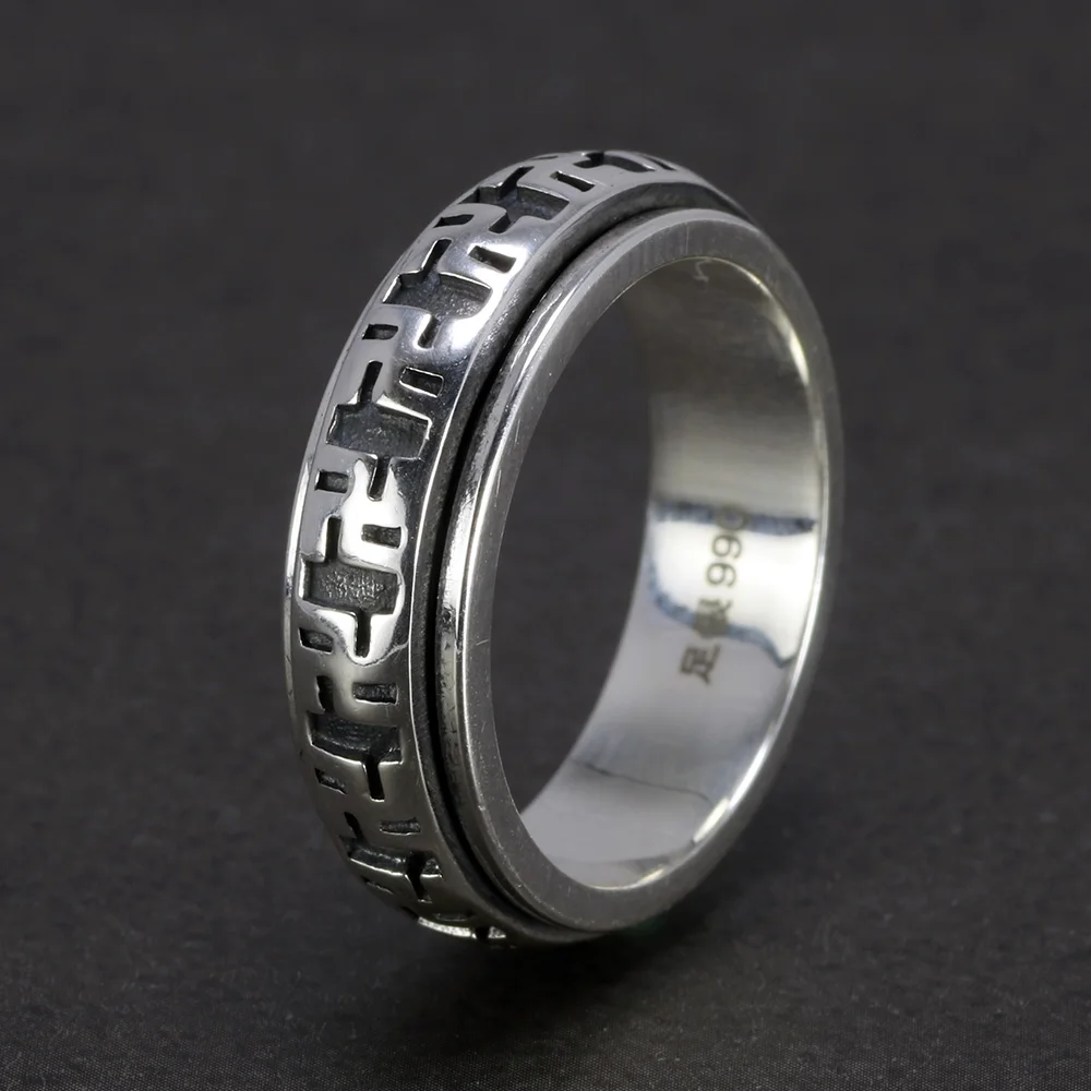 

Real Pure 925 Sterling Silver Rotatable Swastika Mantra Rings For Women And Men Prayer 6mm Shurangama OM Buddhism Jewelry