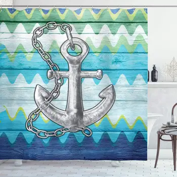 

Anchor Shower Curtain, Nautical Themed Anchor with Chains Motif on Colorful Chevron Zigzags Background, Cloth Fabric Bathroom
