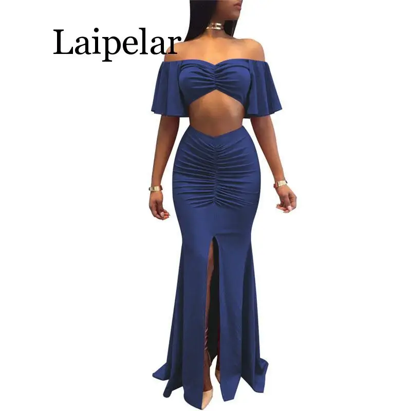 

Women strapless two-piece suit dress Women elegant high waist bodycon sundress Female sexy summer clubwear high split dress