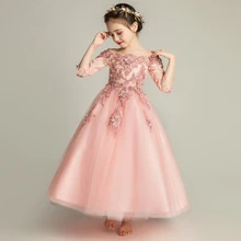 Элегантное Длинное платье из тюля для первого причастия для девочек, платье с открытыми плечами с аппликацией из тюля для девочек, пышное платье для выпускного вечера, платье с цветочным узором для девочек на свадьбу