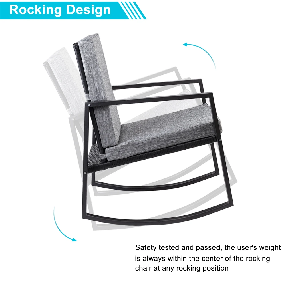 【US Warehouse】3 PCS Rocking Chairs Set Outdoor Patio Furniture with Glass Coffee Table (Black) (Outdoor rattan sofa 【US Warehouse】3 PCS Rocking Chairs Set Outdoor Patio Furniture with Glass Coffee Table (Black) (Outdoor rattan sofa
