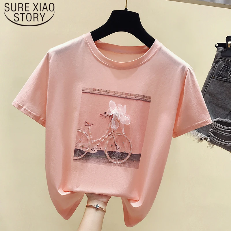 Розовая рубашка, летняя рубашка с коротким рукавом, женские топы с принтом, женская рубашка, модная футболка с круглым вырезом, Blusas 4767 50