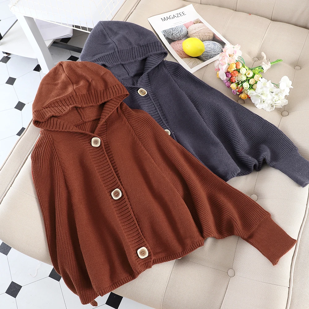 

SKOONHEID Autumn Women Hooded Cardigans Batwing Sleeves Short Single Breasted Warm Vintage Fashion Solid Femme Knitted Sweaters