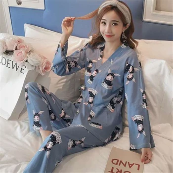 

Pajamas Japanese kimono women spring and autumn cotton long-sleeved sweat steaming clothes home service suit cartoon pijama