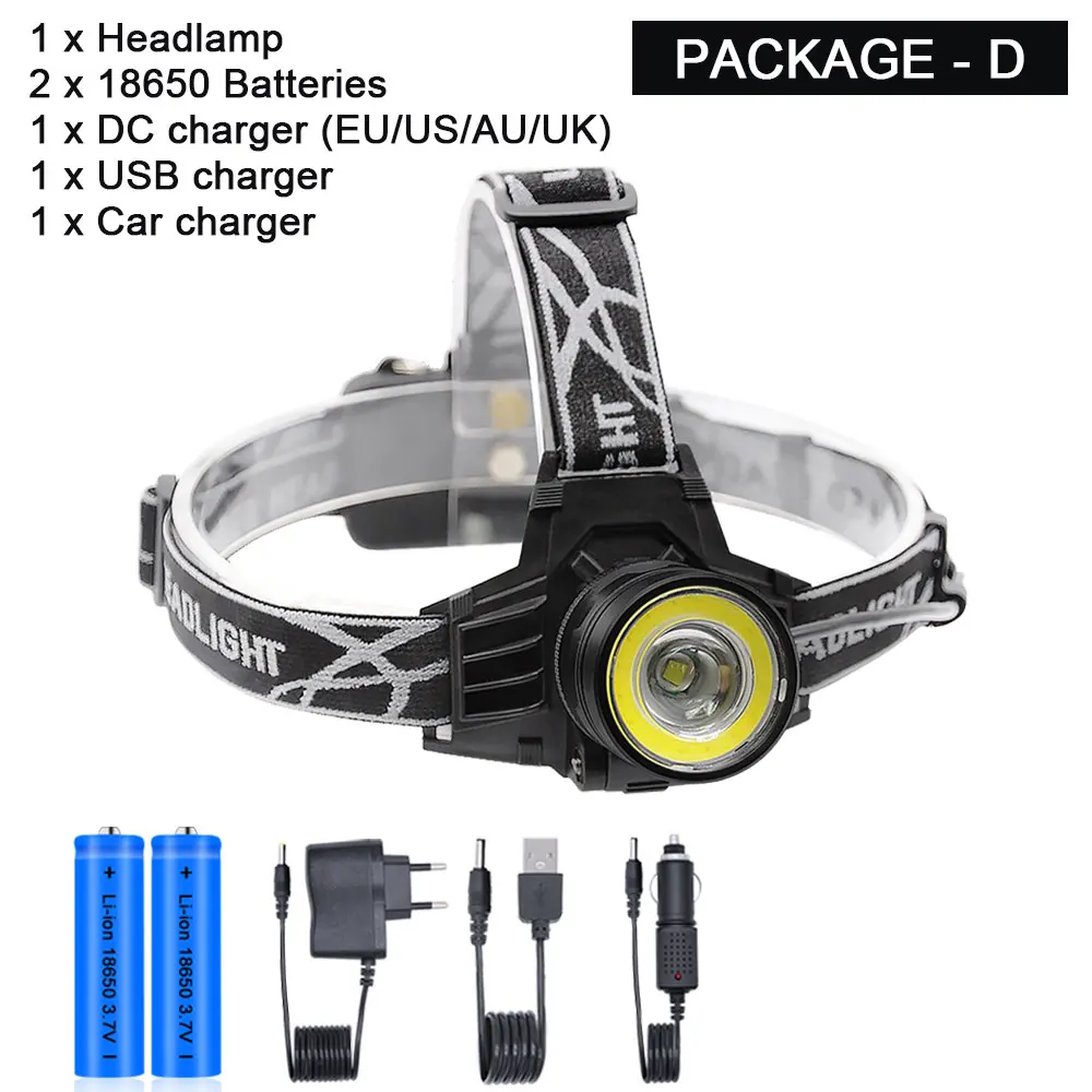 Супер яркий светодиодный налобный фонарь T6+ COB, 4 режима, фонарь для охоты, рыбалки, велосипеда, USB Перезаряжаемый Головной фонарь, масштабируемый фонарик 18650 - Испускаемый цвет: Package-D