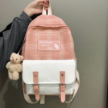

Student Cute Backpack Linen Women Fashion School Bag Harajuku Girl Kawaii Backpack Canvas Lattice Ladies Travel Bag Doll Pendant