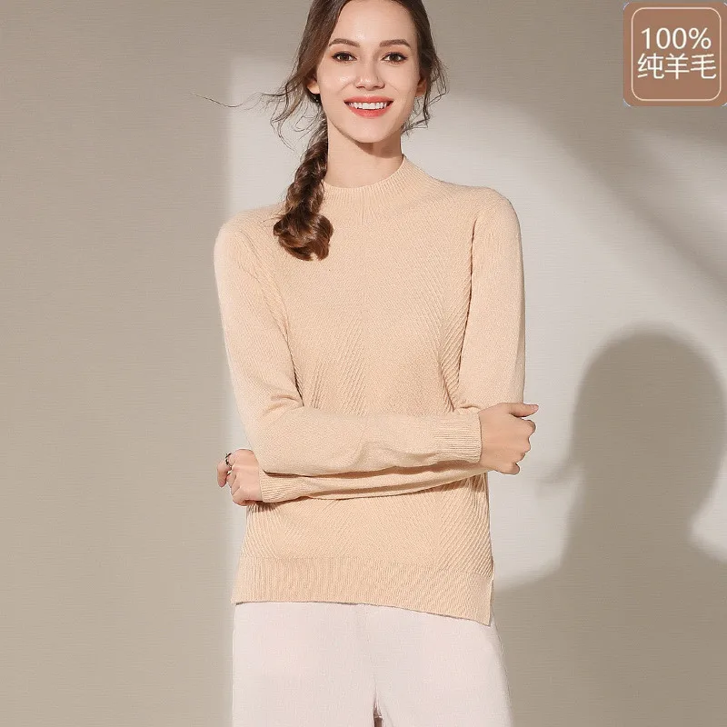 

2019 Autumn And Winter 100 Pure Woollen Sweater Women's Mock-Neck Loose-Fit Solid Color Knit Base Sweater WOMEN'S Dress