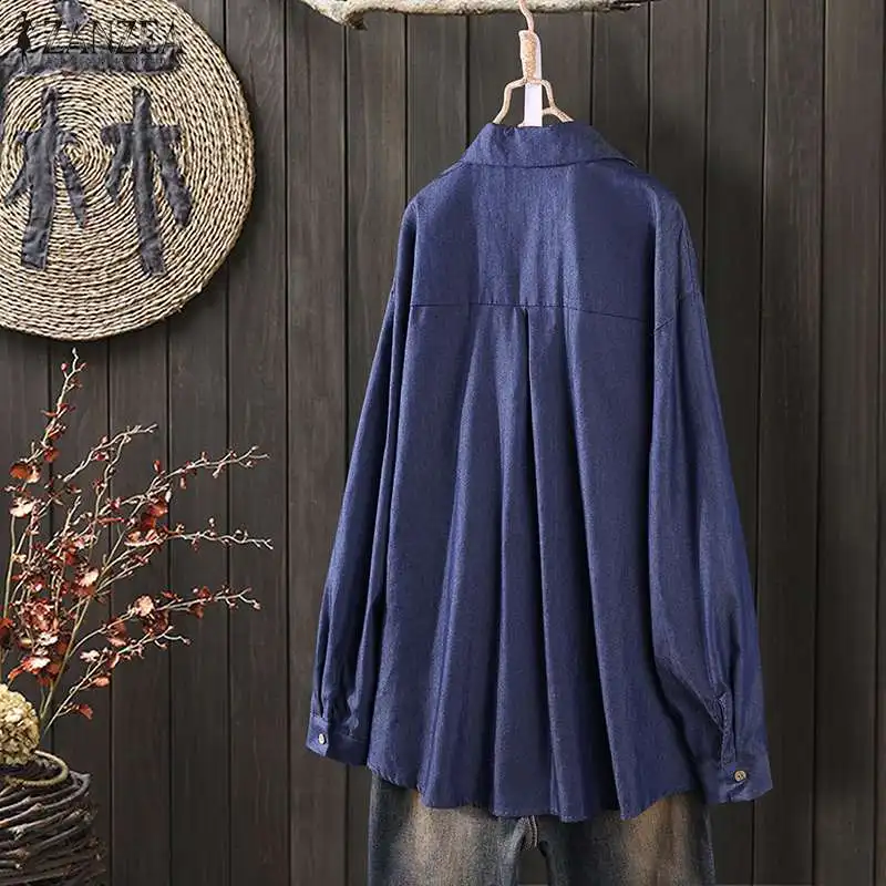 Blusas, топ, ZANZEA, повседневная, для работы, OL, туника, топы, модная, Цветочная вышивка, Джинсовая, синяя блузка, весна, для женщин, с длинным рукавом, рубашки для женщин